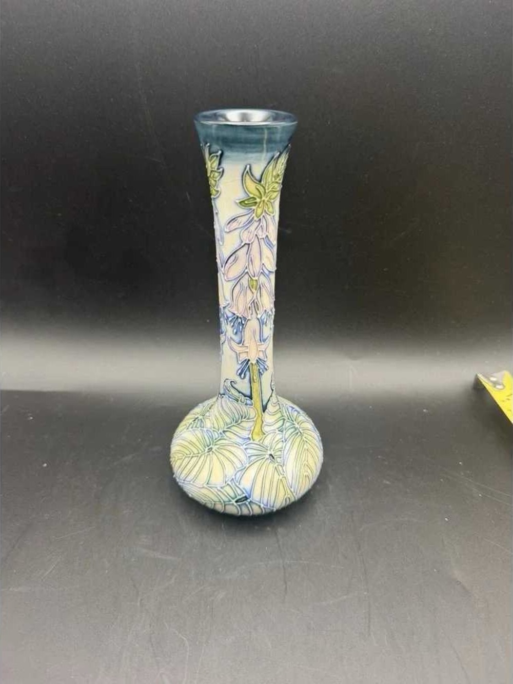 Blue and Cream Floral Ceramic Bud Vase - Hand-Painted Art Glass Accent